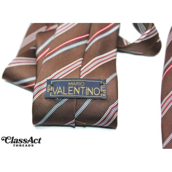MARIO VALENTINO 100% silk MADE IN ITALY  Brown Striped 3" Wide - Picture 2 of 7